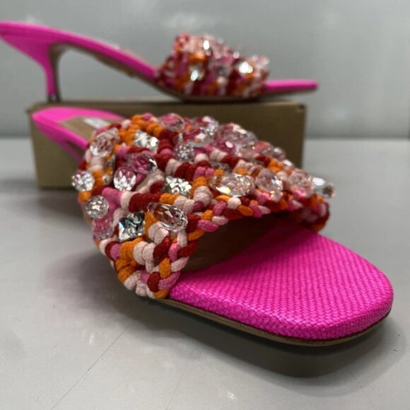 NEW AQUAZZURA Women’s Crystal Cote Mule Sandals  Bright Pink Size 10.5 Crocheted - Picture 2 of 8